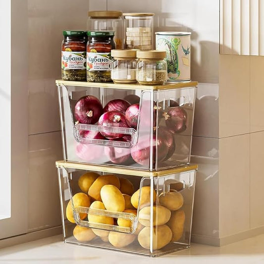 2 Set Pantry Organizers, Storage,Bamboo Lids with Removable Drain Trays, Stackable Clear Bins for Potato, Onion, Vegetables, Fruit, Trash Bag Dispenser, Under Sink Organizer for 4-13 Gal Bags