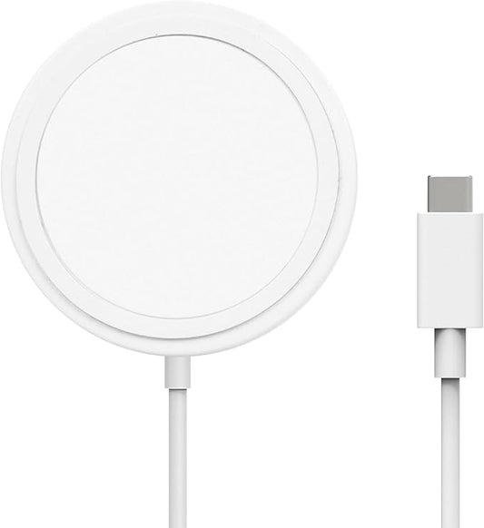 AT&T Qi2 Magnetic Charging Pad – Compact MagSafe Compatible Wireless Charger for iPhone 16/15/14 & Apple Watch – Built-in 4ft USB-C Cable – Nightstand & Travel Ready – White