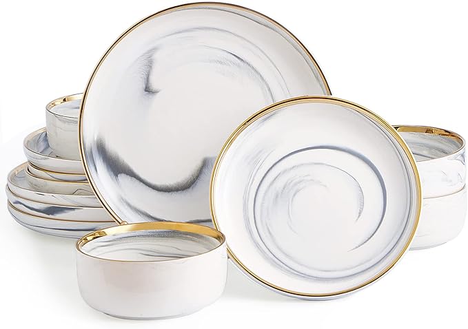 Marble Gold Rim Dinnerware Sets, Porcelain Plates and Bowls Sets, Modern Luxury Dish Set for 4, White Grey China Dinner Set for Special Occasions, Hand Wash Quickly