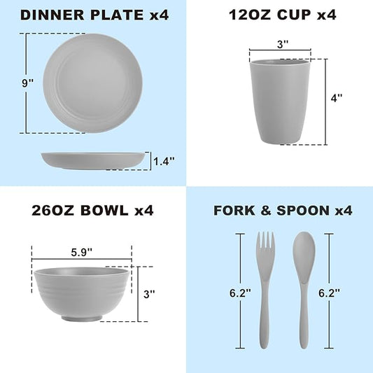 Dinnerware Sets 20 PCS, Wheat Straw Plates and Bowls Sets Service for 4, Microwave Dishwasher Safe Kids Tableware Set, Unbreakable Reusable Plastic Plates Set for Kitchen Office Travel Camping - Gray