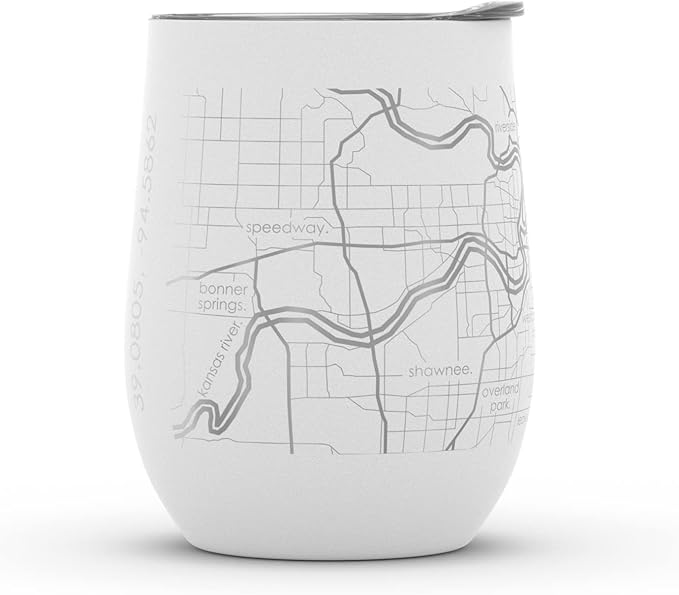 Well Told Engraved Kansas City Missouri Map Insulated Wine Tumbler, Etched Stainless Steel Wine Tumbler (12 oz, White) City Map Insulated Tumbler, Custom Insulated Tumbler, Outdoor Drinkware