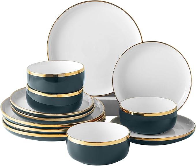 Porcelain Dinnerware Sets, 12 Piece Luxury China Plates and Bowls Sets, Green Dishes Set Gold Rim for Wedding Anniversary Birthday, Modern Dinner Plates Set