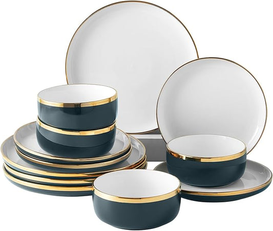 Porcelain Dinnerware Sets, 12 Piece Luxury China Plates and Bowls Sets, Green Dishes Set Gold Rim for Wedding Anniversary Birthday, Modern Dinner Plates Set