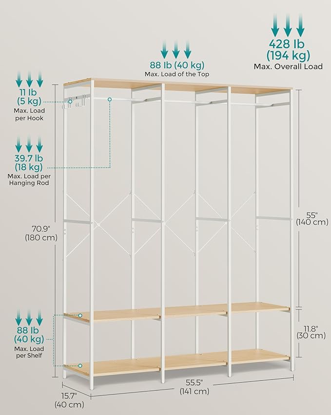 SONGMICS Clothes Rack, Iron and Wood Wardrobe Closet Organizer, Heavy Duty Garment Rack with Hanging Rods, Closet Shelves, Removable Hooks, 15.7 x 55.5 x 70.9 Inches, Natural Beige URGR005W67