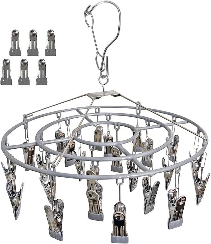 Stainless Steel Laundry Drying Rack Clothing Sock Drip Clothes Drying Hanger with 24 Clips, Swivel Windproof Hook Round Heavy Duty Underwear Hanger for Indoor Outdoor Wet and Dry (Grey)