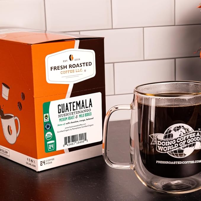 Fresh Roasted Coffee, Organic Guatemala | Single Origin, USDA Organic, Mold & Myco 3rd Party Tested, Kosher | 24 Pods for K Cup Brewers