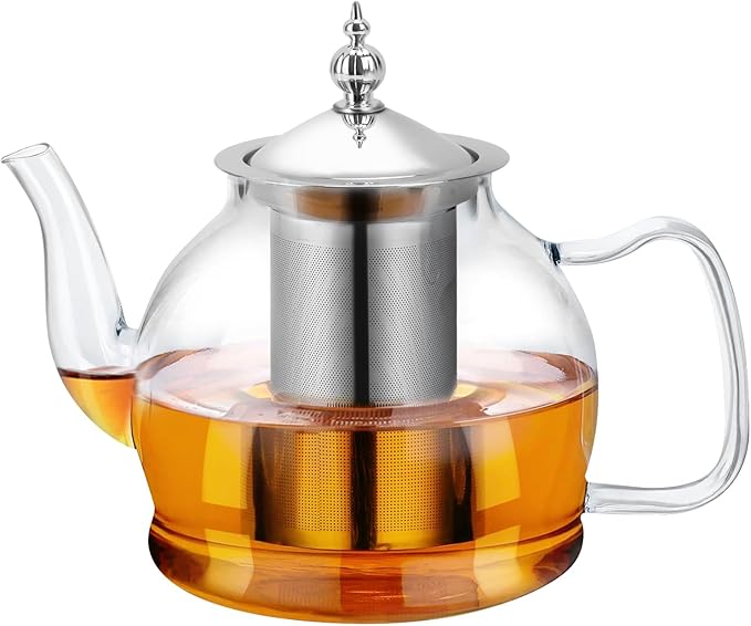 Glass Teapot 40oz/1200ml with Removable Infuser, Borosilicate Clear Tea Kettle, Stovetop Safe Tea Kettle Blooming Loose Leaf Teapots, for Camping, Travel