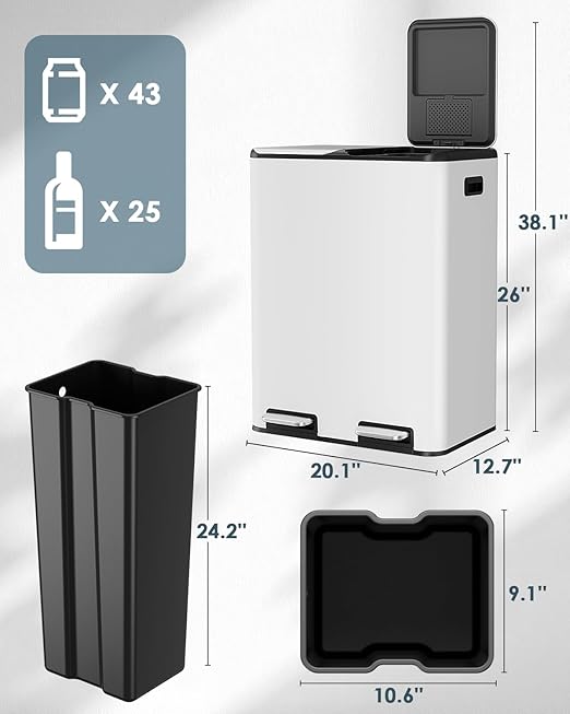 Arlopu 16Gal Dual Trash Can w/2 Built-in Box for Odor Control, Hands-Free Kitchen Garbage Bin, Recycle Waste Dustbin, Soft-Close Lid, 2 Buckets,Foot Pedal, Side Handle, Airtight,for Home (White)