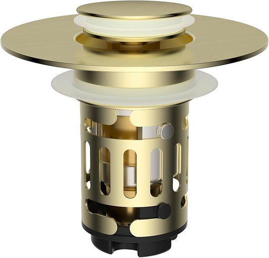 Hibbent Upgraded 3 in 1 Bathroom Sink Drain Strainer, Universal Pop Up Stopper with Removable Stainless Steel Filter Basket Hair Catcher, Sink Plug for 1.1''~2.36'' Basin, Brass Core, Brushed Gold