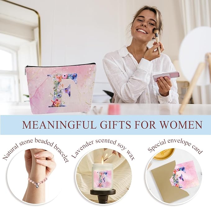 Personalized Gifts Monogrammed Birthday Gifts for Women, Aunt Grandma Retirement Christmas Initial Wine Tumbler Makeup Bag Scented Candle Bracelet Set, (Aesthetic Pink Flower F)