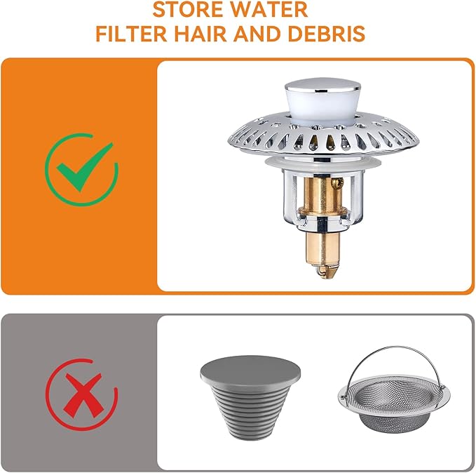 Bathroom Sink Stopper for 1.06"-1.65" Drain Holes, 2 in 1 Bath Sink Drain Strainer Stopper, Pop Up Drain Cover Plug with Hair Catcher, Stainless Steel (Chrome Silver-2p)