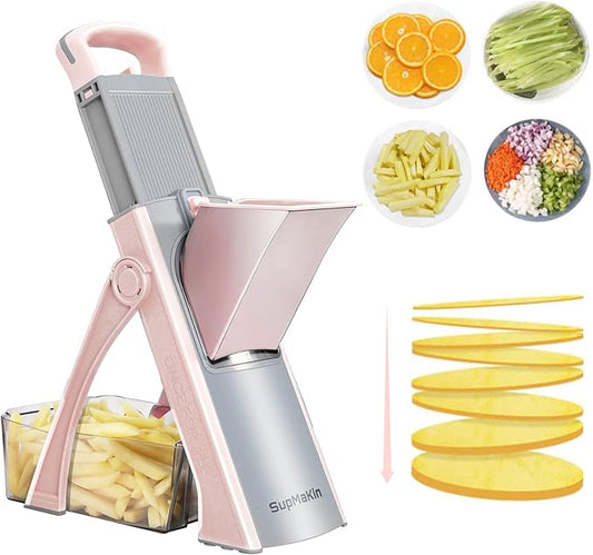 Upgrade Safe Mandoline Slicer Plus for Kitchen, SupMaKin Bigger Port Vegetable Food Potato Chopper, Adjustable Thickness, Julienne & Dicer Salad Making Chopping Artifact (Pink)