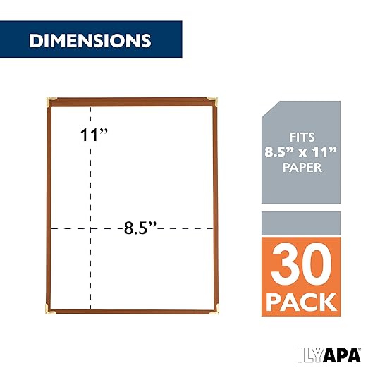 Ilyapa Saddle Brown 30 Pack of Menu Covers 8.5 x 11 Inch - Single Page, 2 View Restaurant Menu Covers, Double Stitched Sleeves, Vegan Faux Leather