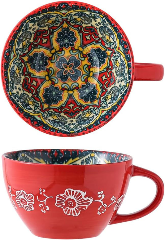 Red Ceramic Mug, Bohemian Hand-Painted, 15 Oz Large Coffee Cup for Milk, Tea, Breakfast, Dishwasher & Microwave Safe Cup