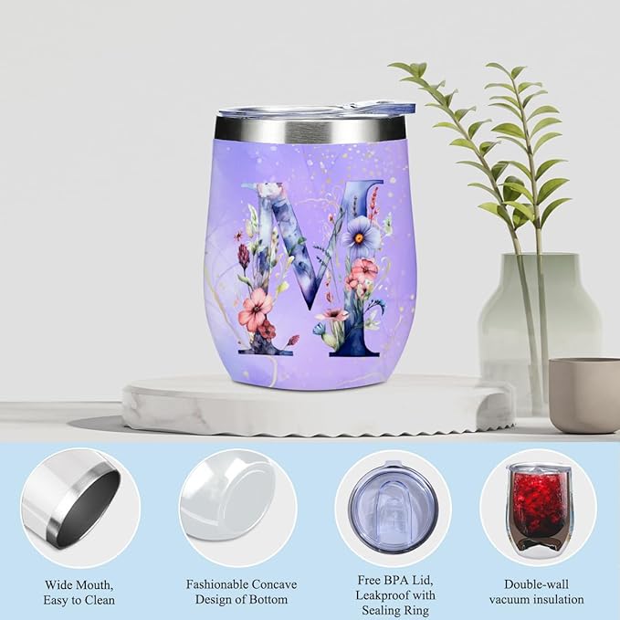 Personalized Gifts Monogrammed Birthday Gifts for Women, Her, Teacher Mother in Law Wedding Christmas Initial Wine Tumbler Makeup Bag Scented Candle Bracelet Set, (Aesthetic Purple Flower M)