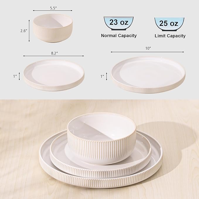 Frewinky Ceramic Dinnerware Sets for 6, Round Reactive Glaze Porcelain Plates and Bowls Sets, Scratch Resistant Modern Dishes Set, Dishwasher & Microwave Safe, Service for 6-White