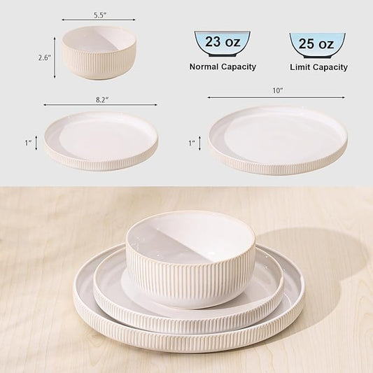 Frewinky Ceramic Dinnerware Sets for 6, Round Reactive Glaze Porcelain Plates and Bowls Sets, Scratch Resistant Modern Dishes Set, Dishwasher & Microwave Safe, Service for 6-White
