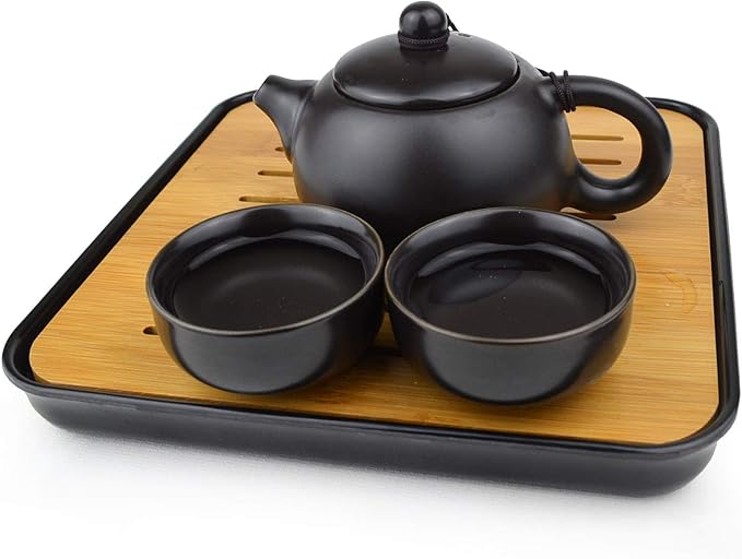 Teapot Chinese Ceramic White Cyan Black Portable Travel Packaging Xishi Pot Cups set (Black 1pot 2cups set)