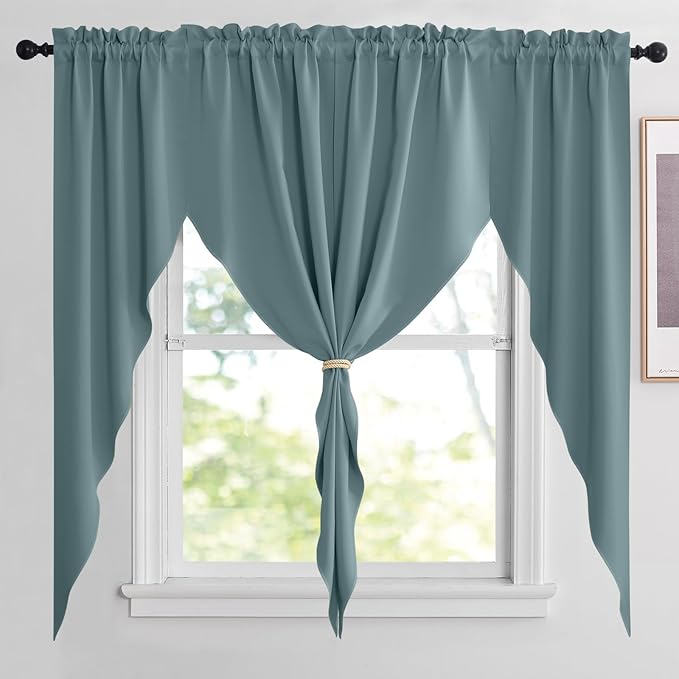 NICETOWN Blackout Curtains for Living Room, Thermal Insulated Swag Curtains for Bedroom Kitchen Window Country Short Window Covering for Office Bay Window, 1 Pair, 36" x 63" x 18", Greyish Blue