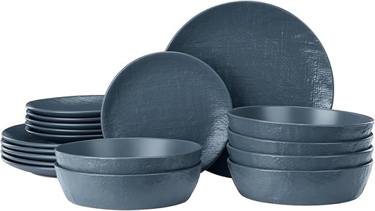 Navaris Linen Artisan Stoneware Dinnerware Set - 18 Pieces in Smoky Blue: Dinner Plates, Side Plates, Pasta Bowls - Dishwasher & Microwave Safe
