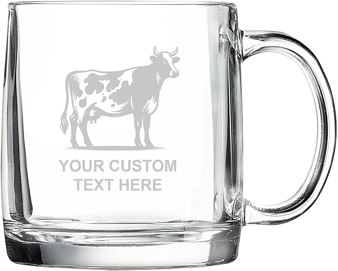 Cow, Personalized 12.5 oz Polar Camel Glass Coffee Desk Mug – Custom Laser Engraved Clear Cup for Tea, Espresso, Latte, Whiskey - Microwave Safe/Made in USA