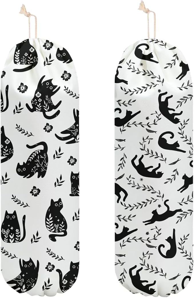 2 Pcs Cat Plastic Bag Holder, Floral Plastic Bag Holders for Grocery Bags, Reusable Large Grocery Bags Storage Dispenser for Home Kitchen Pantry Decor, Cute Cats Gifts for Women Mom Cat Lovers