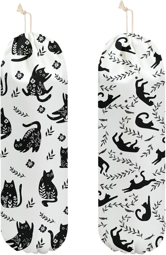 2 Pcs Cat Plastic Bag Holder, Floral Plastic Bag Holders for Grocery Bags, Reusable Large Grocery Bags Storage Dispenser for Home Kitchen Pantry Decor, Cute Cats Gifts for Women Mom Cat Lovers