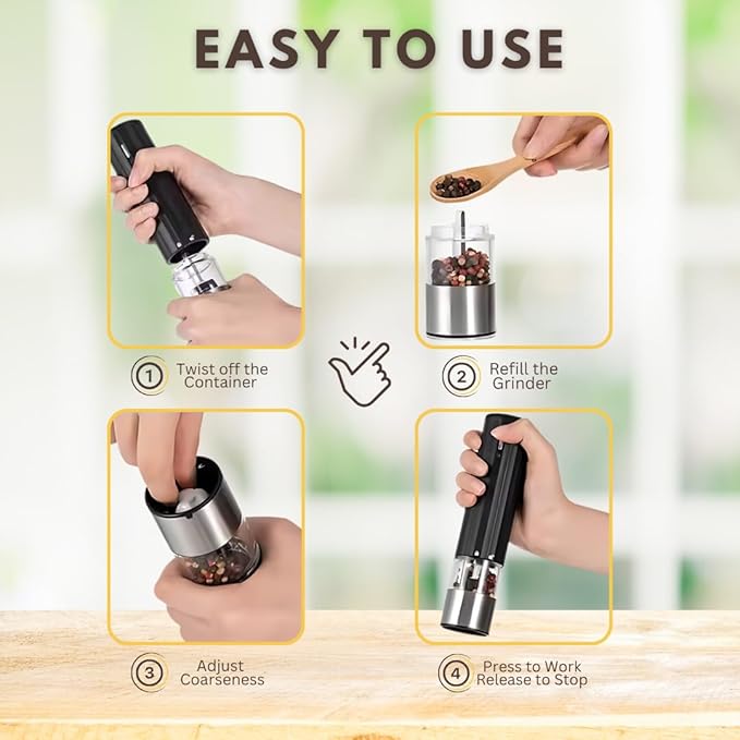 Electric Automatic Salt and Pepper, Rechargeable Grinder Mill, LED Light, One-Hand Operation, Adjustable Coarseness, USB-C Charging, ABS & Stainless Steel, Stand Included.