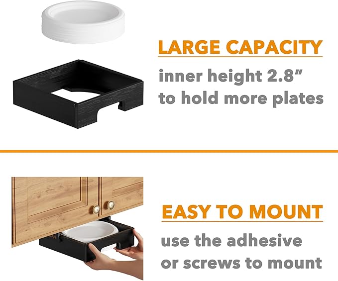 SpaceAid 9-inch Paper Plate Dispenser, Under Cabinet Bamboo Plates Holder, Kitchen Counter Vertical Dipensers Holders Countertop Caddy, Black