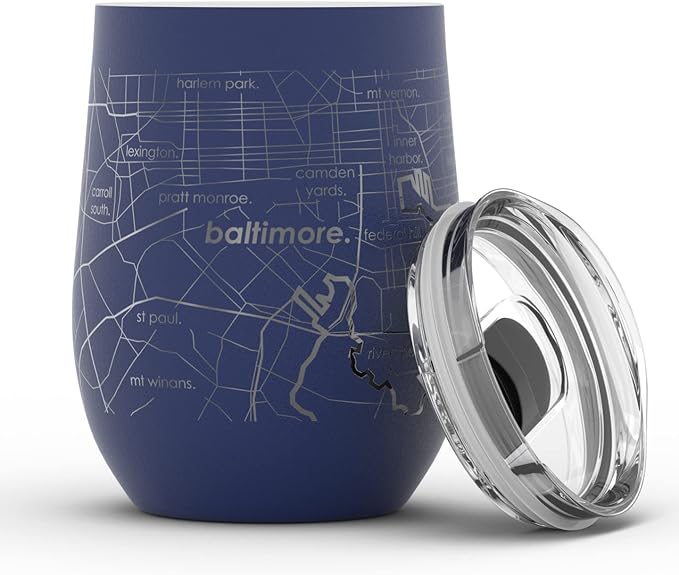 Well Told Engraved Baltimore Maryland Map Insulated Wine Tumbler, Etched Stainless Steel Cup (12 oz, Midnight Blue) City Map Insulated Tumbler, Custom Insulated Tumbler, Outdoor Drinkware