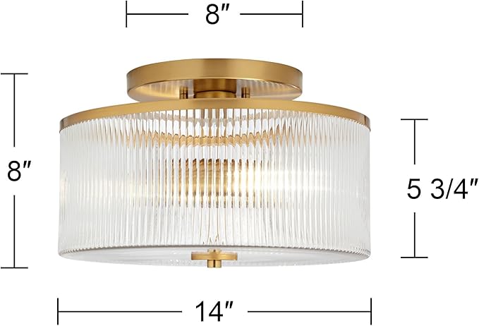 Possini Euro Design McKenzie 14" Mid Century Modern 2-Light Semi Flush-Mount Ceiling Light Fixture Kitchen Foyer Hallway Drum Round Warm Brass Finish Ribbed Glass Metal Bedroom Bathroom Entryway