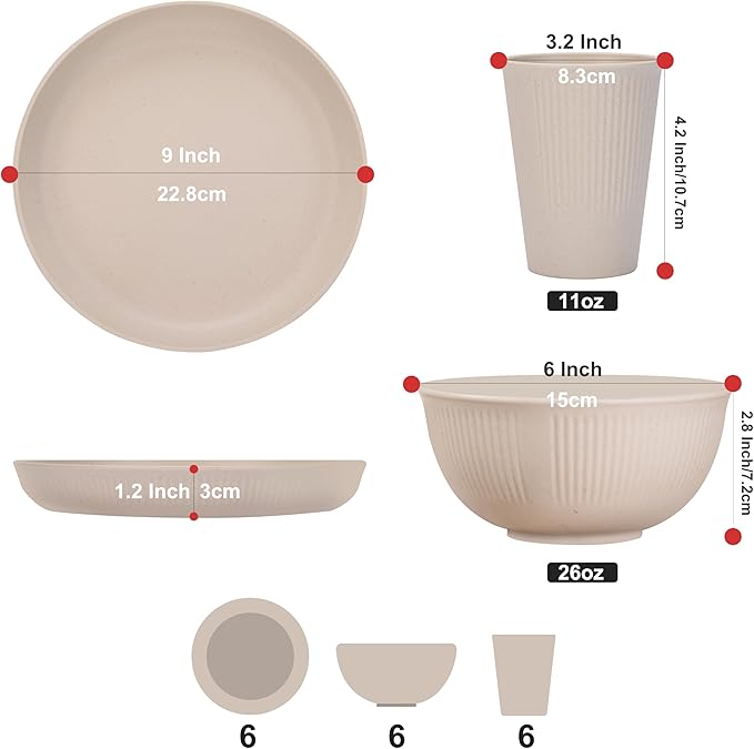 Cythia Dinnerware Sets for 6 Plastic Plates and Bowls Sets Reusable 18 Pcs Kitchen Dishes Set Dinner Camping Plates Cereal Bowls Cups Microwave Unbreakable Tableware Set For Picnic Party
