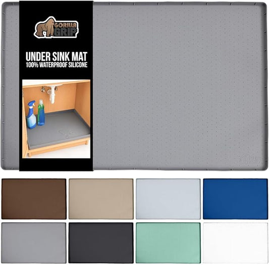 GORILLA GRIP Waterproof Silicone Under Sink Mat with Raised Lip for Kitchen and Bathroom, 28 x 22 in, Cabinet Shelf Liner Stay in Place Mats Dishwasher Safe Drawer Liner, Organizer Tray, Gray