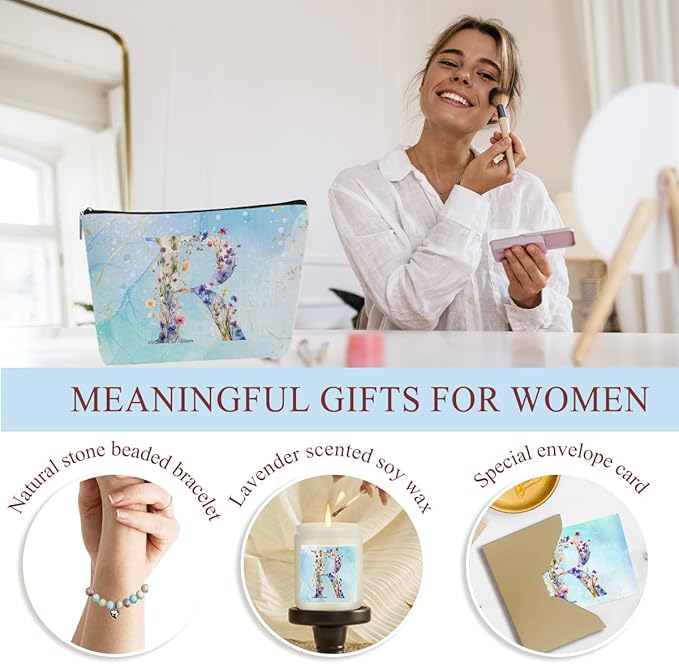Personalized Gifts Monogrammed Birthday Gifts for Women, Mommy, Female Going Away Farewell Christmas, Initial Wine Tumbler Makeup Bag Scented Candle Bracelet Set, (Aesthetic Blue Flower R)