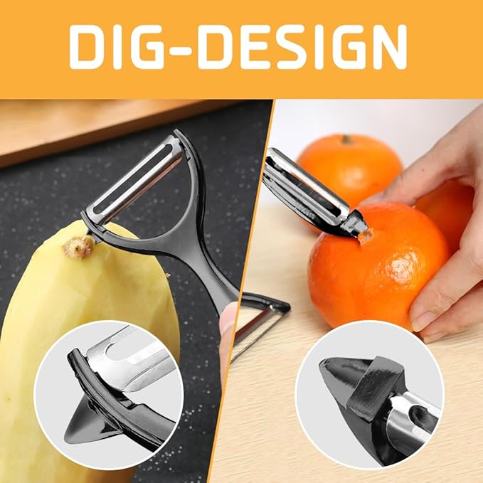 Vegetable Peeler, Potato Peelers for Kitchen Stainless Steel Multi-function Set Fruit Peeler For Kitchen and Household Tools Y & I Shape Swivel Blades with 2 Orange Citrus Peelers(Black)