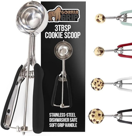 GORILLA GRIP BPA-Free Stainless Steel Cookie Scoop, 3 TBSP Scooper #20, Soft Grip Handle, Easy Food Release, Create Even Portion Sizes, Multipurpose Kitchen Melon Baller, Meatball Spring Scoops, Black