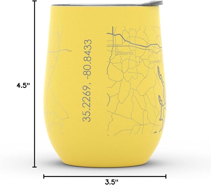 Well Told Engraved Charlotte North Carolina Map Insulated Wine Tumbler, Etched Stainless Steel Cup (12 oz, Sunrise Yellow) City Map Insulated Tumbler, Custom Insulated Tumbler, Outdoor Drinkware