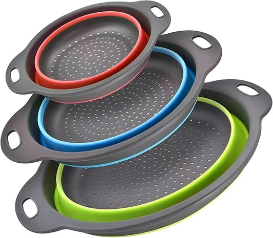 Silicone Colander Collapsible Strainers Set for Kitchen- 3 Pack (3Qt, 4Qt,5Qt) -Over Home Draining Basket, Food Vegetables & Fruits-Dishwasher Safe, BPA Free Space Saving Design (Green,Blue,Red)
