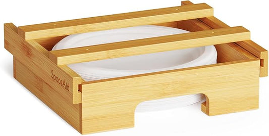 SpaceAid 9-inch Paper Plate Dispenser, Under Cabinet Bamboo Plates Holder, Kitchen Counter Vertical Dipensers Holders Countertop Caddy, Bamboo