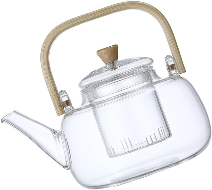 Glass Teapot,1000ml Large Capacity Multifunctional Borosilicate Teapot with Bamboo HandleTeapot with Removable Loose Tea Infuser,Glass Tea Pot Gas & Electric Stovetop Safe.（No heater included）