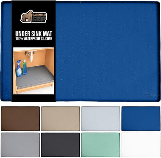 GORILLA GRIP Waterproof Silicone Under Sink Mat with Raised Lip for Kitchen and Bathroom, Cabinet Shelf Liner Stay in Place Mats Dishwasher Safe Drawer Liner, Organizer Tray, 19 x 22 in, Blue