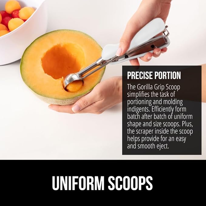 GORILLA GRIP BPA-Free Stainless Steel Cookie Scoop, 1 TBSP Scooper #60, Soft Grip Handle, Easy Food Release, Create Even Portion Sizes, Multipurpose Kitchen Melon Baller, Meatball Spring Scoops, White