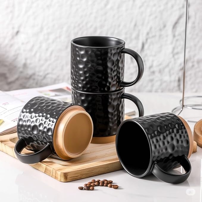 Nihow 16OZ Stackable Coffee Mug Set, Large Ceramic Coffee Mug Set of 4,Coffee Cup Set for Cappuccino/Latte/Cocoa,Dishwasher & Microwave Safe, Matte Black