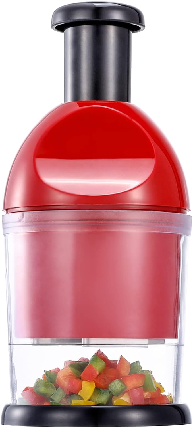 Food Chopper, Hand Chopper Dicer Easy to Clean, Manual Slap Vegetable Cutter Onion Dicer, Garlic Mincer for Onion, Nut, Tomato, Pepper, Celery, etc, Red