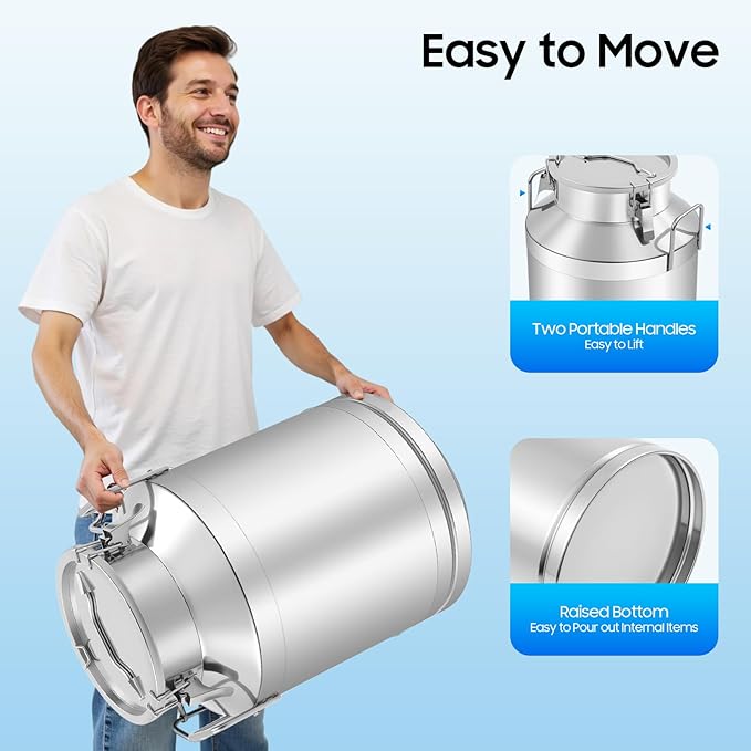 Milk Can Stainless Steel Containers with Lids Old Fashion Milk Jug Metal Bucket with Practical Handles, Sealed Bucket for Milk Water Wine Honey Oil Rice Tea Beans Grains (50 L/13.21Gal)