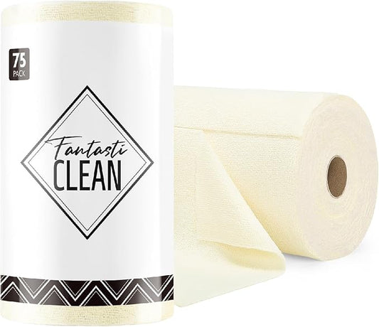 Fantasticlean Microfiber Cleaning Cloth Roll -75 Pack, Tear Away Microfiber Towels, 12" x 12", Reusable, Washable, Scratch Free, Ultra Absorbent Dishcloth for Home Supplies, Car, Pet, Kitchen (Beige)