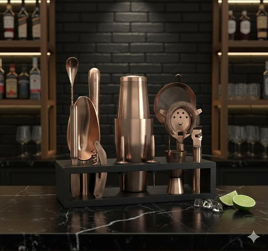 Highball & Chaser Bartender Kit with Black Bamboo Stand Beautiful Cocktail Shaker Set and Bar Tools Stainless Steel Boston Shaker Bartender Kit with Stand (Antique Copper)