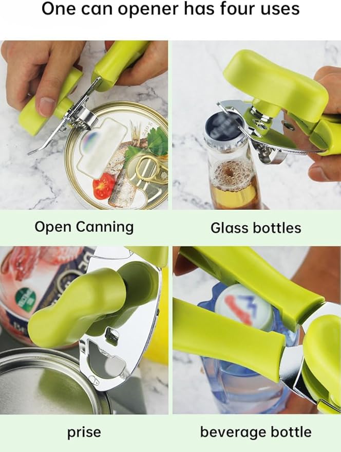 Can Opener Manual, Four in one designHeavy,Duty Handheld Strong Can Opener with Soft Touch Handle, Sharp Blade Smooth Edge, Can Openers with Multifunctional Bottle Opener, Green