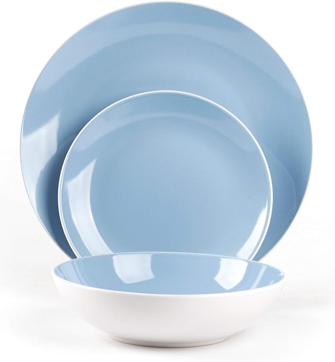 Stoneware Coupe Shape 12pc Dinnerware Set, Outside White + Inside Blue