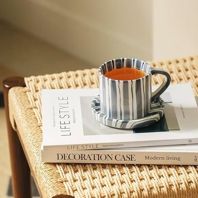 8Oz Stylish Handmade Vertical Striped Coffee Mug Espresso Cups With Saucer, Easthetical Ceramic Coffee Mugs, Glazed Tea/Coffee Cup With Saucer, Microwave safe and dishwasher safe Latte art mug (Blue)
